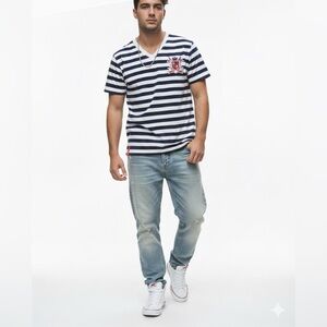 LRG Striped V-Neck T-Shirt Navy White Crest Patch Short Sleeve NWT Size M